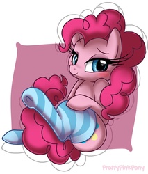 Size: 720x847 | Tagged: safe, artist:prettypinkpony, pinkie pie, earth pony, pony, g4, abstract background, adorasexy, bedroom eyes, blushing, clothes, cute, diapinkes, female, long eyelashes, sexy, sitting, socks, solo, striped socks