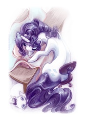 Size: 800x1138 | Tagged: safe, artist:fleebites, opalescence, rarity, g4, back, fabric, messy mane, pet, sewing, sitting, table, working