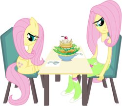 Size: 6000x5215 | Tagged: safe, artist:masem, fluttershy, human, equestria girls, g4, absurd resolution, awkward, duo, female, herbivore, human ponidox, salad, shy, simple background, square crossover, table, transparent background, vector
