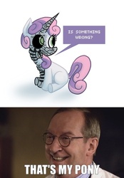 Size: 700x1006 | Tagged: safe, sweetie belle, human, pony, robot, robot pony, unicorn, g4, blank flank, edwin bracewell, female, filly, foal, hooves, horn, meme, simple background, sitting, solo, speech bubble, sweetie bot, talking, that's my x, white background