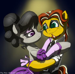 Size: 781x773 | Tagged: safe, artist:drizziedoodles, octavia melody, oc, oc:honey drizzle, pony, g4, bipedal, canon x oc, clothes, dancing, dress