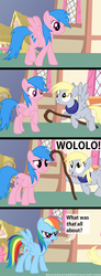 Size: 1440x3920 | Tagged: safe, artist:beavernator, derpy hooves, firefly, rainbow dash, pegasus, pony, g1, g4, age of empires, annoyed, character to character, comic, confused, dialogue, female, flying, frown, g1 to g4, generation leap, glare, grin, mare, monk, pony to pony, raised eyebrow, raised hoof, smiling, spread wings, transformation, wololo