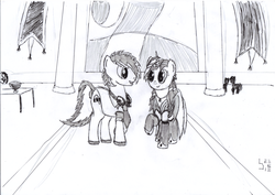 Size: 3507x2481 | Tagged: safe, artist:bamthand, oc, oc only, oc:olive martini, oc:scribble tale, earth pony, pony, unicorn, clothes, dress, gala dress, headphones, traditional art