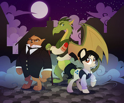 Size: 792x660 | Tagged: safe, artist:lissystrata, diamond dog, dragon, earth pony, pony, clothes, cravat, crossover, diamond dogified, doctor who, dragonified, frock coat, jenny flint, madame vastra, moon, ponified, shirt, silurian, sontaran, strax, trio, waistcoat