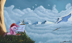 Size: 4500x2700 | Tagged: safe, artist:auroriia, pinkie pie, bird, g4, beret, canvas, cloud, cloudy, mountain, painting, scenery, sky