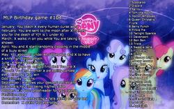 Size: 1920x1200 | Tagged: safe, apple bloom, applejack, button mash, davenport, derpy hooves, discord, fluttershy, lyra heartstrings, pinkie pie, queen chrysalis, rainbow dash, rarity, scootaloo, sweetie belle, trixie, twilight sparkle, g4, birthday game, exploitable meme, meme