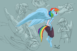 Size: 1280x857 | Tagged: safe, artist:siden, rainbow dash, anthro, unguligrade anthro, g4, armpits, female, sketch dump, solo