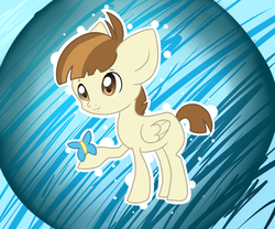 Size: 1200x1000 | Tagged: safe, artist:darkaiya, featherweight, butterfly, g4, bucktooth, colt, cute, featherbetes, male, raised hoof, smiling, solo