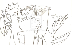 Size: 1280x794 | Tagged: dead source, safe, artist:puddingalexthompson, garble, gilda, dragon, griffon, g4, black and white, crack shipping, deviantart watermark, female, grayscale, heart, male, obtrusive watermark, ship:garilda, shipping, straight, this will end in death, this will end in tears and/or death, traditional art, watermark