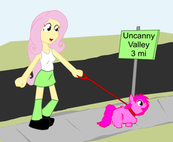 Size: 1014x837 | Tagged: safe, artist:fluffsplosion, fluttershy, fluffy pony, equestria girls, g4, humanized, leash, sign, uncanny valley