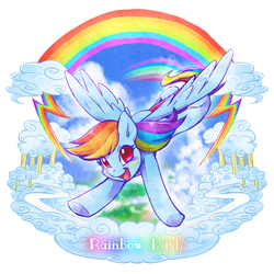Size: 800x800 | Tagged: safe, artist:tatugon, rainbow dash, pegasus, g4, action pose, cloud, cloudy, female, flying, mare, open mouth, open smile, rainbow, smiling, solo, spread wings, wings
