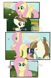 Size: 1280x1935 | Tagged: safe, artist:mewcherrii, featherweight, fluttershy, butterfly, pegasus, pony, g4, :c, blushing, butt, camera, colt, comic, flower, foal, frown, male, plot