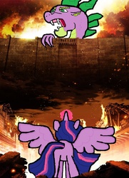 Size: 920x1270 | Tagged: safe, spike, twilight sparkle, alicorn, pony, g4, attack on titan, female, mare, parody, twilight sparkle (alicorn)