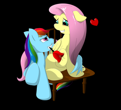 Size: 1650x1500 | Tagged: safe, artist:djscrwu, fluttershy, rainbow dash, g4, blushing, chair, duo, female, heart, lesbian, rose, ship:flutterdash, shipping