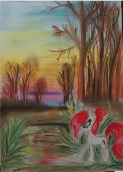 Size: 755x1058 | Tagged: dead source, safe, artist:flutterbella, oc, oc only, earth pony, pony, female, outdoors, pastels (medium), solo, sunset, traditional art, tree, walking