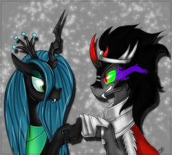 Size: 1000x900 | Tagged: dead source, safe, artist:sevenada, king sombra, queen chrysalis, changeling, changeling queen, pony, unicorn, g4, antagonist, couple, fangs, female, male, ship:chrysombra, shipping, straight, unholy matrimony