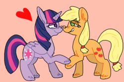 Size: 876x581 | Tagged: safe, artist:kittysatannekoxxx666, applejack, twilight sparkle, alicorn, pony, g4, boop, female, heart, lesbian, mare, ship:twijack, shipping, twilight sparkle (alicorn), unshorn fetlocks