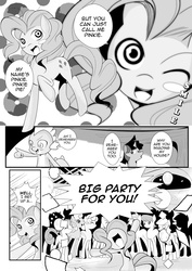 Size: 2202x3115 | Tagged: safe, artist:0ryomamikado0, pinkie pie, twilight sparkle, comic:the unexpected love life of dusk shine, g4, comic, dusk shine, manga, monochrome, rule 63