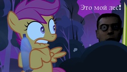 Size: 640x360 | Tagged: safe, scootaloo, human, g4, everfree forest, forest protector, meme, russian