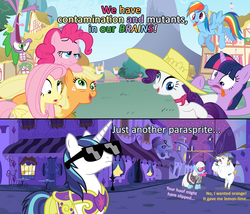 Size: 1166x999 | Tagged: safe, applejack, bulk biceps, fluttershy, photo finish, pinkie pie, rainbow dash, rarity, shining armor, spike, twilight sparkle, g4, derp, deus ex, dialogue, malkavian mod, mane seven, mane six, sunglasses, vector