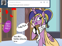 Size: 500x375 | Tagged: safe, artist:taligintou, oc, oc only, oc:princess twila, alicorn, pony, ask princesstwila, alicorn oc, ask, offscreen character, offspring, parent:prince blueblood, parent:twilight sparkle, parents:twiblood, speech bubble, tsundere, tumblr