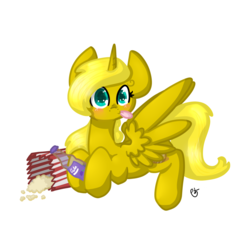 Size: 1280x1280 | Tagged: safe, artist:otterlore, oc, oc only, oc:ticket, alicorn, pony, alicorn oc, popcorn, simple background, soda, solo, transparent background