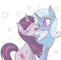 Size: 600x587 | Tagged: safe, artist:kolshica, trixie, twilight sparkle, g4, female, lesbian, licking, ship:twixie, shipping, tongue out