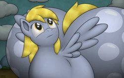 Size: 400x253 | Tagged: safe, artist:jesseorange, derpy hooves, pegasus, pony, g4, aderpose, cloud, cloudy, fat, female, impossibly large butt, impossibly wide hips, mare, solo, wat, wide hips