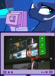 Size: 436x599 | Tagged: safe, princess luna, alicorn, pony, gamer luna, g4, exploitable meme, eyeroll, rareware, television, tv meme, video game, xbox one