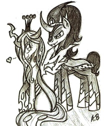 Size: 1486x1785 | Tagged: safe, artist:rossmaniteanzu, king sombra, queen chrysalis, changeling, changeling queen, pony, unicorn, g4, couple, female, heart, love, male, ship:chrysombra, shipping, straight, traditional art, unholy matrimony