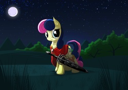 Size: 2114x1500 | Tagged: dead source, safe, artist:mysticalpha, bon bon, sweetie drops, earth pony, pony, g4, cloak, clothes, crying, female, night, sad, scabbard, solo, sword, weapon