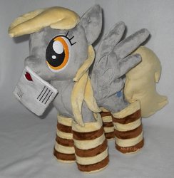 Size: 882x905 | Tagged: safe, artist:calusariac, derpy hooves, pegasus, pony, g4, clothes, female, irl, letter, mail, mare, mouth hold, photo, plushie, socks, solo, striped socks