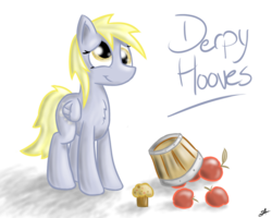 Size: 999x799 | Tagged: safe, artist:strachattack, derpy hooves, pegasus, pony, g4, apple, female, mare, muffin, solo