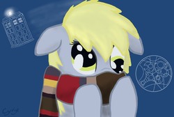 Size: 1021x685 | Tagged: safe, artist:cyrix-s, derpy hooves, pegasus, pony, g4, clothes, cute, derpabetes, doctor derpy, doctor who, female, fourth doctor's scarf, gallifreyan, mare, scarf, striped scarf