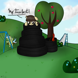 Size: 1000x1000 | Tagged: safe, artist:rodolfomushi, wild fire, g4, filly, fort, sibsy, tire, tire fort