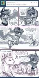 Size: 500x1008 | Tagged: safe, artist:johnjoseco, derpy hooves, princess celestia, princess luna, alicorn, pony, ask princess molestia, gamer luna, princess molestia, g4, book, clothes, comic, food, skirt, tea, tea party, tennis, tennis ball, tennis racket, twiglets