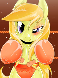 Size: 1200x1600 | Tagged: safe, artist:pugilismx, jonagold, marmalade jalapeno popette, earth pony, pony, semi-anthro, g4, apple family member, boxer, boxing, clothes, female, foxy boxing, panties, solo, underwear
