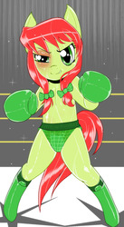 Size: 963x1759 | Tagged: safe, artist:pugilismx, peachy sweet, earth pony, pony, semi-anthro, g4, apple family member, black eye, boxer, boxing, clothes, female, foxy boxing, mare, panties, solo, sweat, underwear
