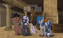 Size: 2678x1611 | Tagged: dead source, safe, artist:darrianmh, oc, oc only, oc:calamity, oc:homage, oc:littlepip, oc:velvet remedy, pegasus, pony, unicorn, fallout equestria, 31, battle saddle, blushing, clothes, cowboy hat, cutie mark, dashite, fanfic, fanfic art, female, gun, hat, hooves, horn, jumpsuit, male, mare, open mouth, pipbuck, rifle, saddle bag, smiling, spread wings, stallion, text, vault suit, velamity, weapon, wings