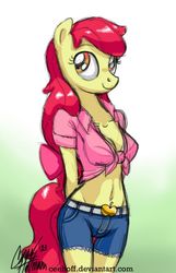 Size: 505x783 | Tagged: safe, artist:ceehoff, apple bloom, earth pony, anthro, g4, adorabloom, adult, belly button, breasts, busty apple bloom, cleavage, clothes, cute, female, front knot midriff, midriff, older, older apple bloom, shorts, solo, teenager