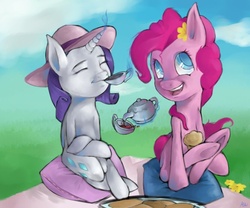 Size: 979x816 | Tagged: safe, artist:wanderereclipse, pinkie pie, rarity, earth pony, pony, unicorn, g4, cup, cushion, drink, drinking, duo, duo female, eyes closed, female, mare, muffin, tea, tea party, teacup, teapot, uncanny valley