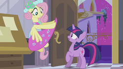Size: 1280x719 | Tagged: safe, screencap, fluttershy, twilight sparkle, pegasus, pony, unicorn, a canterlot wedding, g4, bridesmaid dress, bridesmaid fluttershy, clothes, dress, duo, flutterbeautiful, gown, out of context, playing with dress, skirt, upskirt