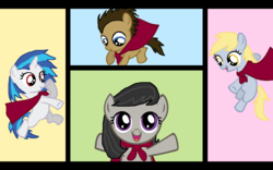 Size: 1024x640 | Tagged: safe, artist:elzian-pie, derpy hooves, dj pon-3, doctor whooves, octavia melody, time turner, vinyl scratch, g4, one bad apple, cape, clothes, colt, cutie mark crusaders, filly, younger