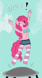 Size: 600x1120 | Tagged: safe, artist:arelathh, pinkie pie, earth pony, anthro, g4, belly button, bouncing, clothes, female, shorts, socks, solo, striped socks, trampoline