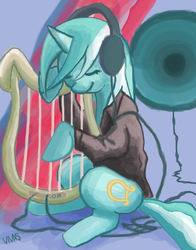 Size: 1575x2012 | Tagged: safe, artist:inuranma44, lyra heartstrings, pony, unicorn, g4, abstract background, cable, clothes, eyes closed, female, harp, headphones, lyre, musical instrument, shirt, sitting, smiling, solo, speaker