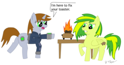 Size: 800x419 | Tagged: safe, artist:cuttincows, oc, oc only, oc:littlepip, oc:wooden toaster, pegasus, pony, unicorn, fallout equestria, bread, clothes, fanfic, fanfic art, female, fire, food, horn, jumpsuit, mare, musician, pipbuck, ponysona, pun, simple background, toaster, toaster repair pony, transparent background, vault suit