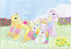 Size: 1024x704 | Tagged: safe, artist:normaleeinsane, baby berrytown, mami sunbright, mummy meadowsweet, g1, my little pony tales, flower, traditional art