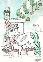 Size: 279x400 | Tagged: safe, artist:haawan, baby candy, g1, beanie, clothes, female, hat, scarf, socks, solo, traditional art, winter