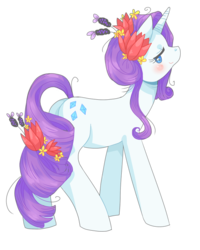 Size: 800x1000 | Tagged: safe, artist:inkse, artist:yurihooves, rarity, pony, unicorn, g4, alternate hairstyle, blush sticker, blushing, female, flower, flower in hair, flower in tail, looking at you, mare, profile, sidemouth, simple background, smiling, solo, standing, tail, transparent background