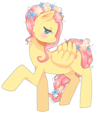 Size: 800x1000 | Tagged: safe, artist:inkse, artist:yurihooves, fluttershy, pegasus, pony, g4, alternate hairstyle, blushing, braided tail, female, flower, flower in hair, flower in tail, folded wings, looking down, mare, raised hoof, simple background, solo, standing, tail, transparent background, turned head, wings
